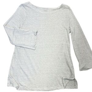Eileen Fisher Linen Top Pull Over Stripe Boat Neck Flare Sleeves Gray White XS